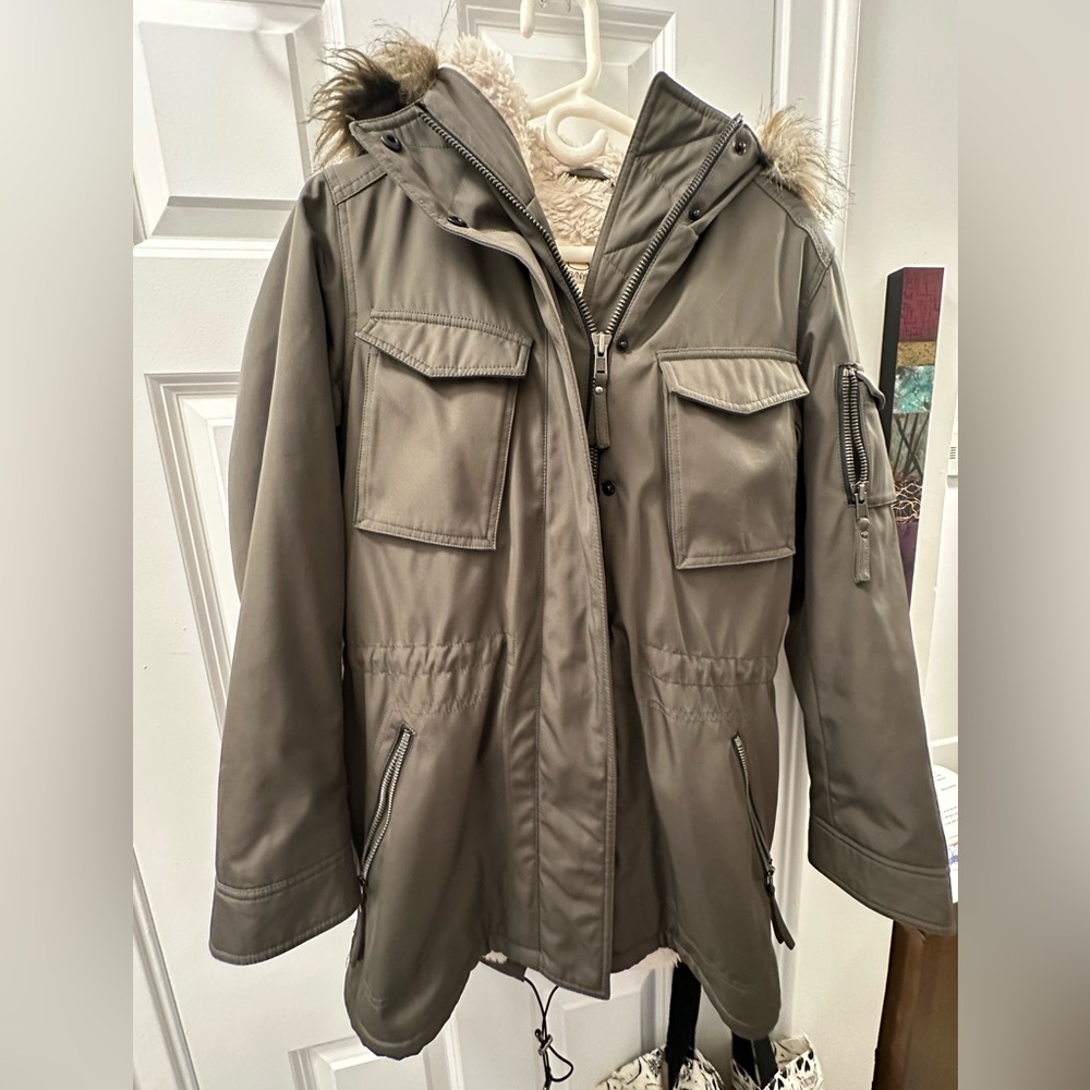 Sam S13 New York Olive Green Faux Fur Hood Lined Utility Jacket coat parka